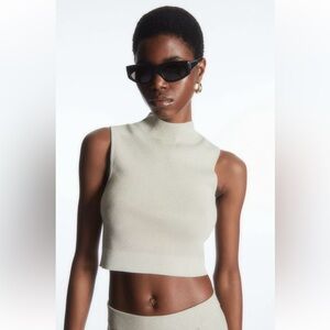 COS Cropped Knitted Shiny Cream High Neckline Sleeveless Top Size XS